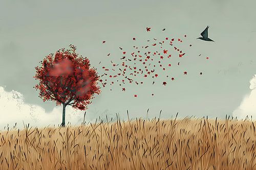 Minimalistische herfstboom met dwarrelende bladeren