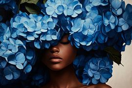 Femme avec des hortensias bleus dans les cheveux sur Poster Art Shop