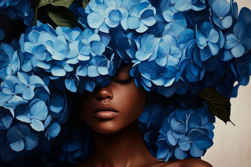 Vrouw met blauwe hortensia's in haar haar van Poster Art Shop