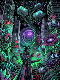 Grafische Illustration eines Cyberpunk-Dämonen-Zauberers im Solarpunk-Stil mit Biografiebaum von The Deeper Way