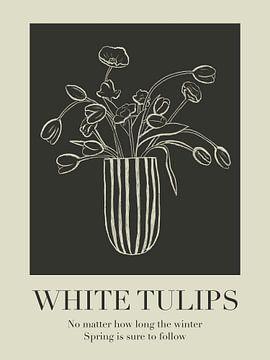 White tulips, witte tulpen met tekst over winter en voorjaar. van Hella Maas
