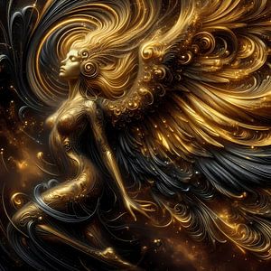 Ange mystique en or et noir - Art céleste sur fond sombre