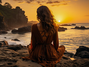 Frau sitzt bei Sonnenuntergang am Strand