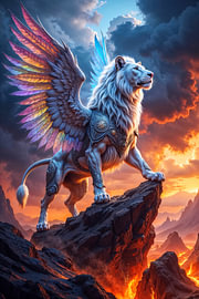Fantasy Wall Art: AURELITHON - De gevleugelde Marcusleeuw in een lavalandschap van INFERAURUM - Dark Fantasy Wall Art