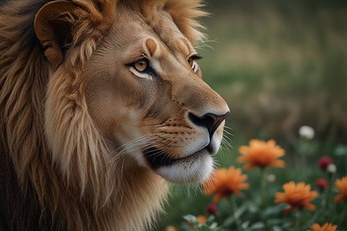 Lion pensif dans un champ de fleurs