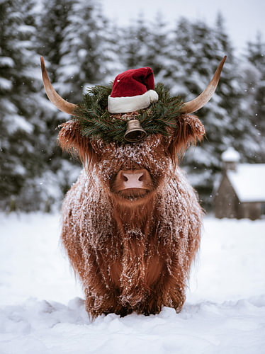 Christmas in the Snow with a Scottish Highland Cow