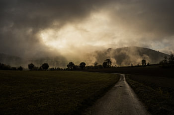Vaste paysage du Sauerland avec un chemin de campagne dans la brume d'automne