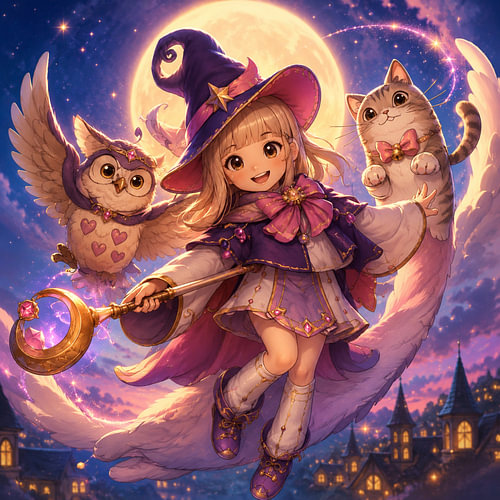 Süße Anime-Hexe, die im Vollmond fliegt