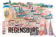 Regensburg Illustrated Map with Streets and Tourist Highlights by Markus Bleichner thumbnail
