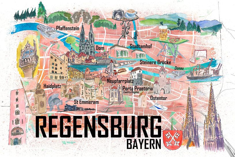 Regensburg Illustrated Map with Streets and Tourist Highlights by Markus Bleichner