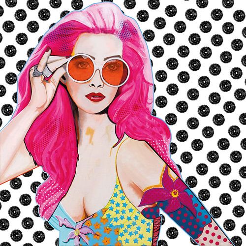 Woman with bright pink hair by Janet Edens