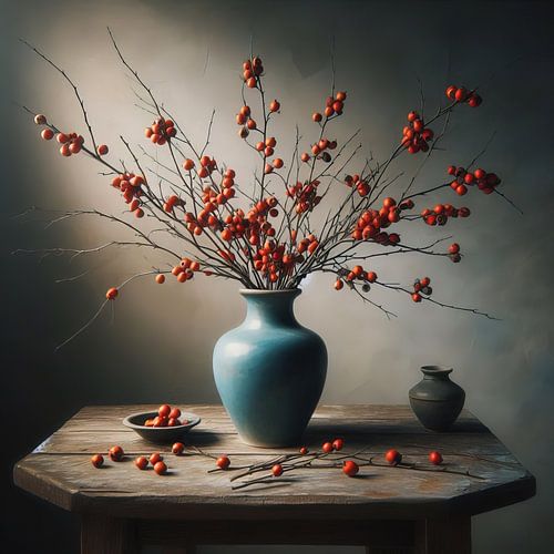 Blauwe vaas met takken en rode besjes stilleven van Herman Peters