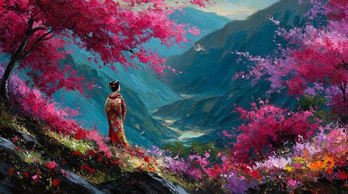 picturesque Japanese landscape art featuring a geisha
