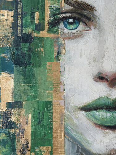 Groen Abstract Portret – Moderne Kunst met Goudaccenten