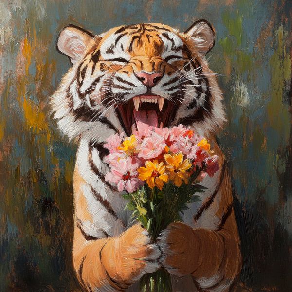 Lächelnder Tiger mit Blumen von Poster Art Shop