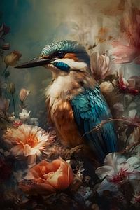 Eisvogel zwischen bunten Blumen