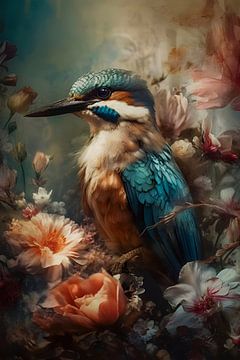 Kingfisher among colourful flowers by But First Framing