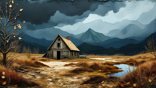 abandoned hut in the mountains, thunderstorm atmosphere