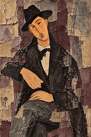 Hommage à Modigliani : portrait d'un homme réalisé en techniques mixtes, dans des tons aubergine chauds