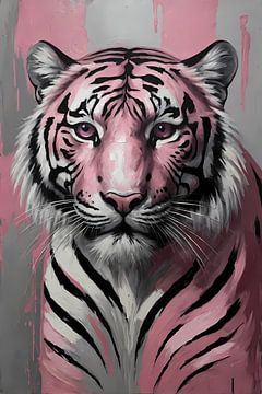 Peinture abstraite d'un tigre rose et argent sur De Muurdecoratie