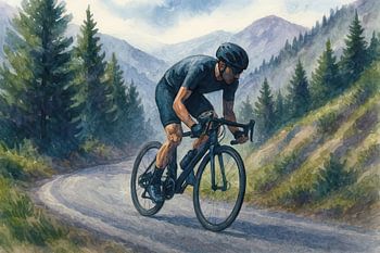 Tegen de berg op (wielrennen klimmen alleen natuur stilte man racefiets stoer fietsen bergen)