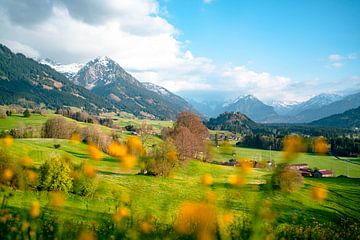 Lente-uitzicht in de Allgäu op de Allgäuer Alpen en de slotkerk St. Michael