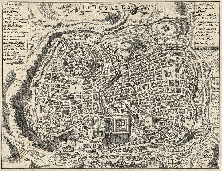 Oude kaart van Jeruzalem van omstreeks 1682 van Gert Hilbink