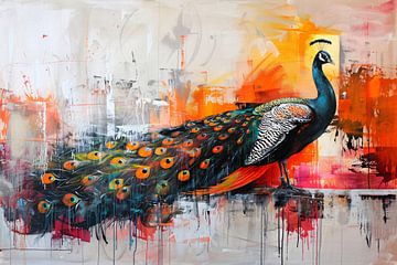 Kleurrijk abstract schilderij van een pauw van De Muurdecoratie