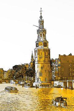 PendrawingAmstel Montelbaanstoren Amsterdam Niederlande Strichzeichnung Gold von Hendrik-Jan Kornelis