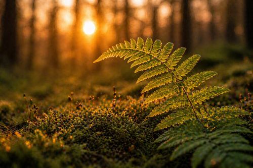 Natur Wandbild Farn im Abendlicht – Ruhige Makrofotografie mit Bokeh für Schlafzimmer