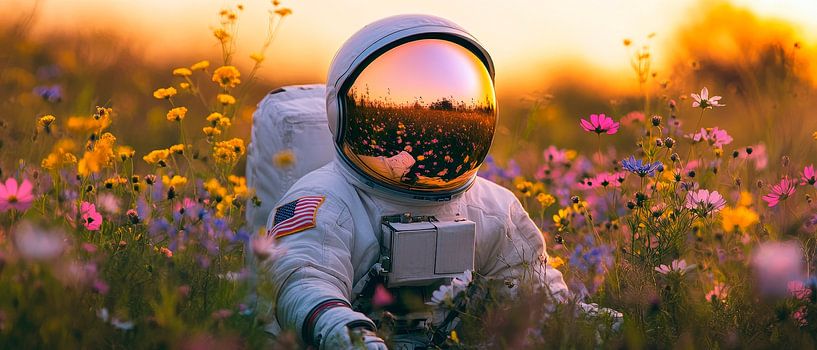 Astronaut among colourful flower meadows by Poster Art Shop