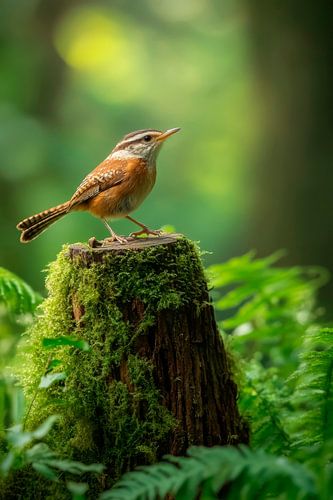 Bird on a tree stump in the forest
