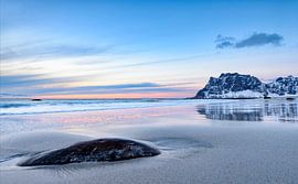 Utakleiv beach in the Lofoten archipel in Norway at the end of a