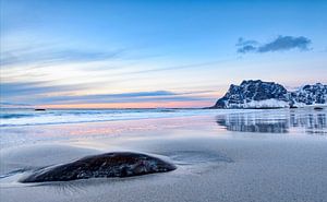 Utakleiv beach in the Lofoten archipel in Norway at the end of a
