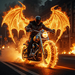 Dark Fantasy Wandbild: FLAMERIDER – Der Höllenbiker mit den Flügeln des Drachen