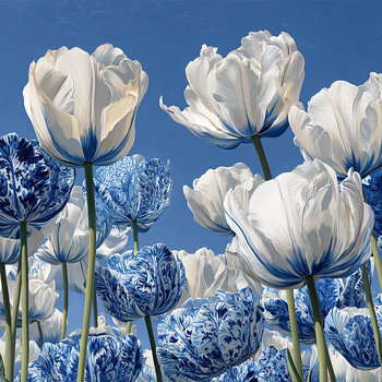 Tulipes en bleu de Delft, élégantes et botaniques