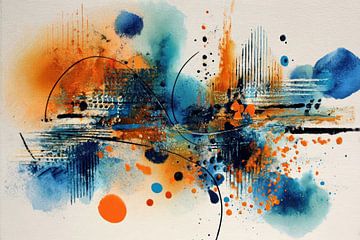 Abstract Schilderij - Blauw Oranje Levendig en Dynamisch van Joriali Abstract