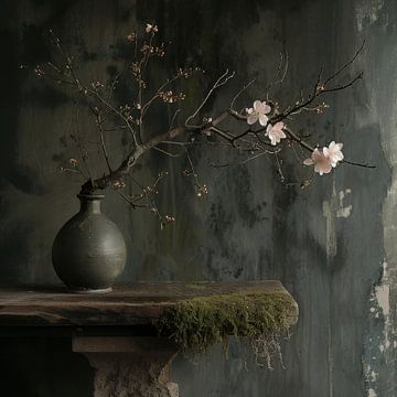 Nature morte carrée avec un vase à fleurs et une table en bois avec de la mousse sur Digitale Schilderijen