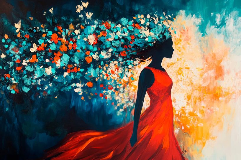Frau mit rotem Kleid und Blumenzauber von Poster Art Shop