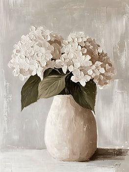Stilleven met hortensia’s in een vaas, bloemen in pastelkleuren
