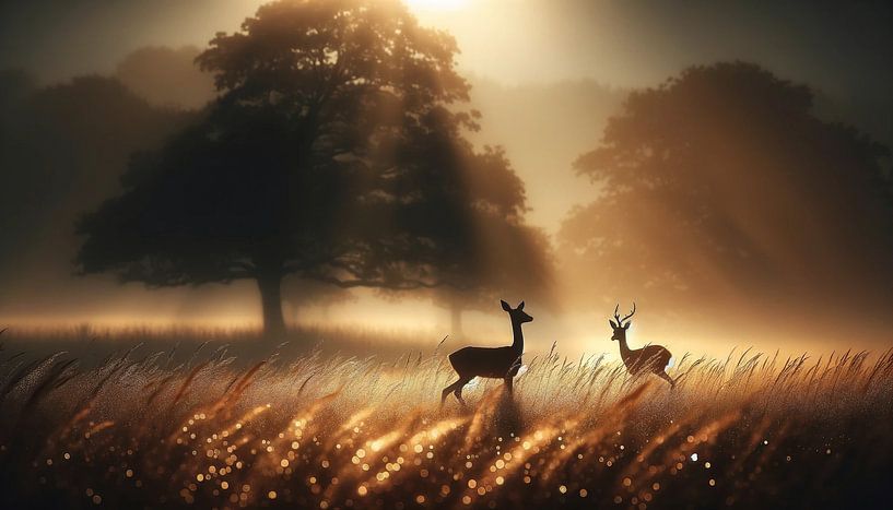Morning round dance: Deer in the first light of day by artefacti
