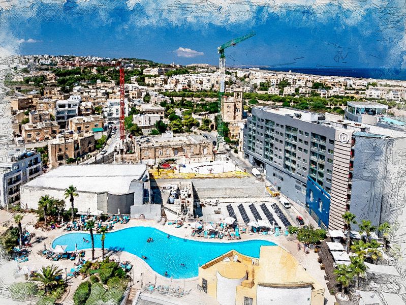 Malta St. Julians Stadt Aquarellmalerei #malta von JBJart Justyna Jaszke