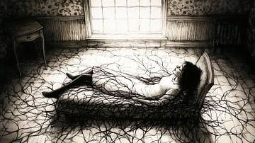 Woman on chaise longue in gloomy room van Frank Heinz