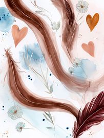 Braune Federn und Herzen - Zarte Aquarellkunst von MArt