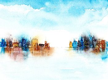 Stadsgezicht - kleurrijke skyline van de stad aan het water