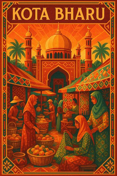 Kota Bharu Vintage Poster - Islamische Architektur &amp; Marktszene Kunst von Travel Shop