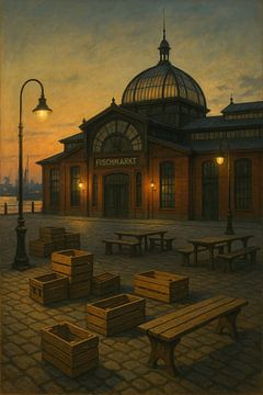 Aube du port de Hambourg : caisses vides au Fischmarkt sur Travel Shop