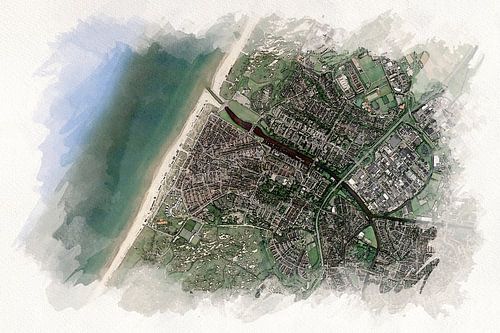 Kaart van Katwijk aan Zee in Aquarel stijl