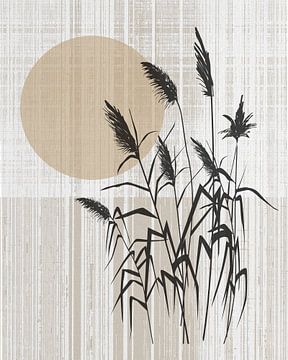 Japandi / Wabi Sabi minimalistisch schilderij: Zon achter bamboe van Studio Pieternel