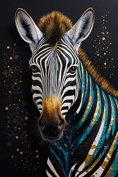 Zebra Portrait with Golden Splashes on Noir by De Muurdecoratie